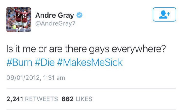El tuit homófobo del futbolista Andre Gray le costará caro