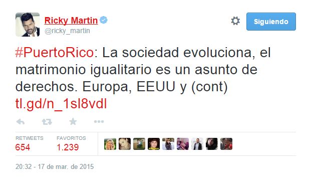 Ricky Martin pide que se apruebe el matrimonio gay