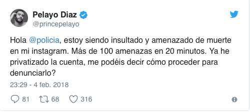 Pelayo Díaz, amenazado de muerte en su cuenta de Instagram