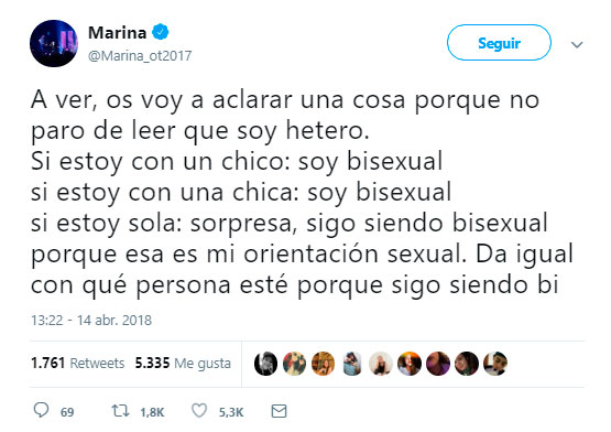 Marina de ‘OT2017’ contra los prejuicios sobre la bisexualidad en Twitter
