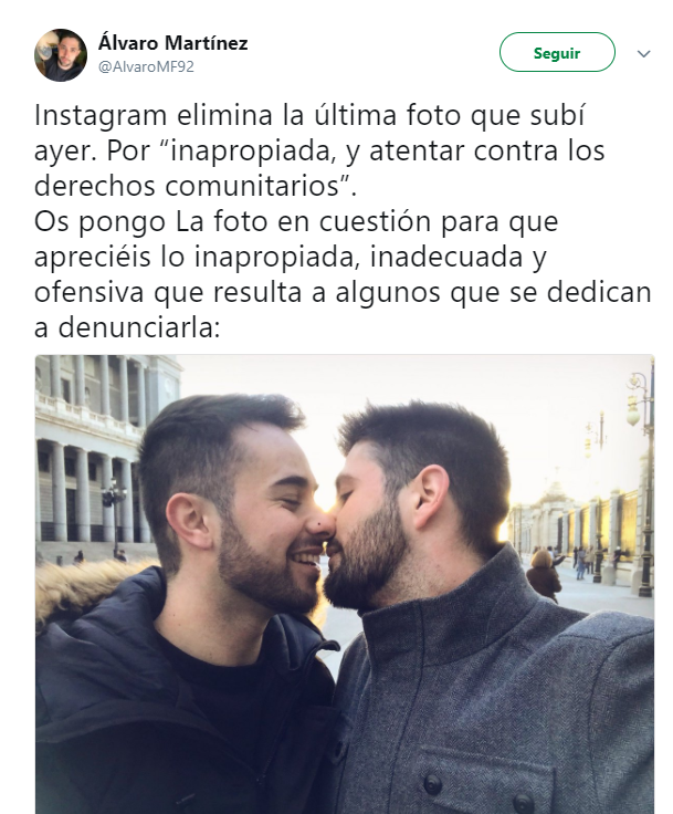 Instagram elimina una foto de una pareja gay besándose por considerarla “inapropiada”