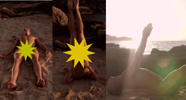 Hace una sesión de yoga en la playa completamente desnudo