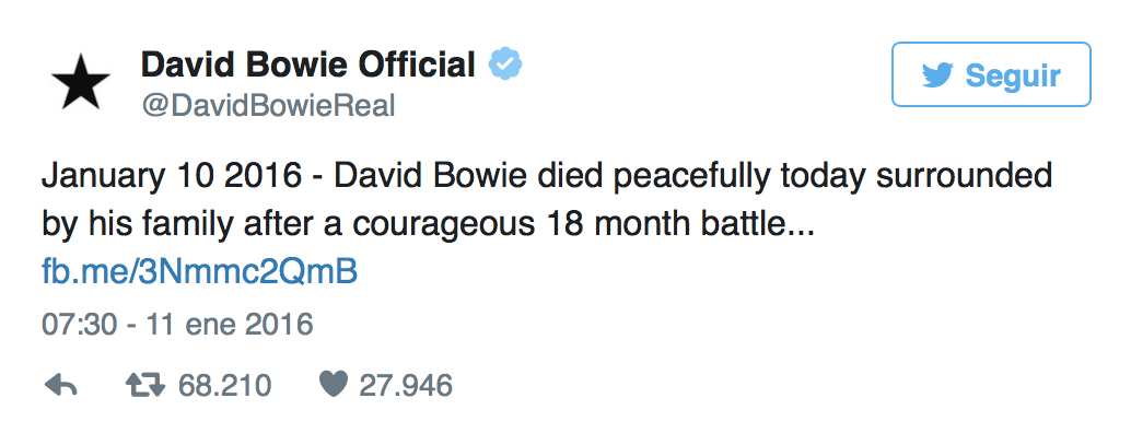 Fallece David Bowie a los 69 años por un cáncer