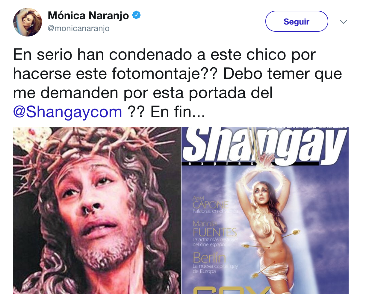 Mónica Naranjo rescata una de sus portadas de Shangay ante el polémico fotomontaje del Cristo de Jaén