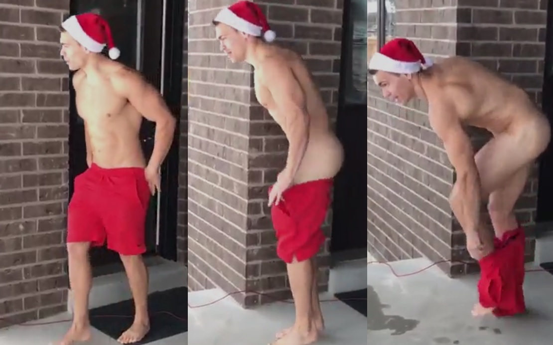 Este joven Papá Noel salta completamente desnudo sobre la nieve