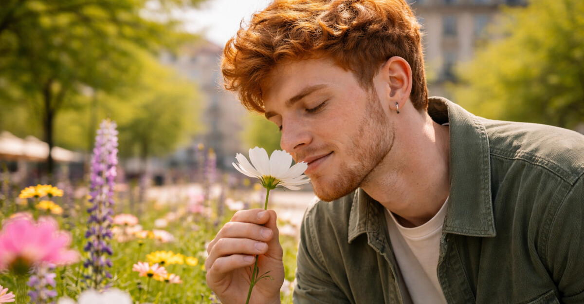 Chico oliendo una flor en primavera.