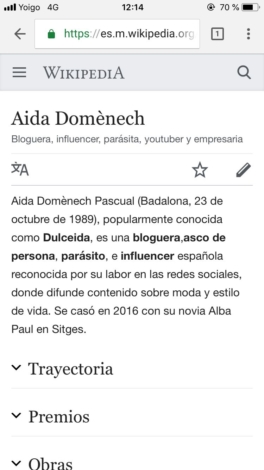 Wikipedia define a Dulceida como 'parásito' y 'asco de persona'