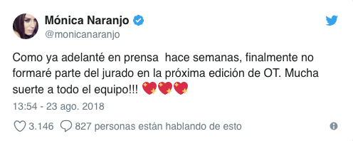 Mónica Naranjo confirma que no será jurado de 'OT 2018'