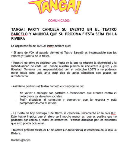 Tanga cambia de sede tras la polémica por el acto homófobo de Vox en el Teatro Barceló