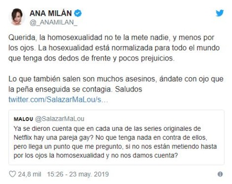 El 'zasca' de Ana Milán a un tuitero homófobo