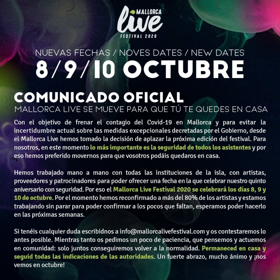 Mallorca Live Festival se pospone a octubre debido a la crisis del coronavirus