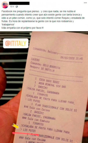 El ticket homófobo de un restaurante argentino: "Ensalada de fruta para los putos"