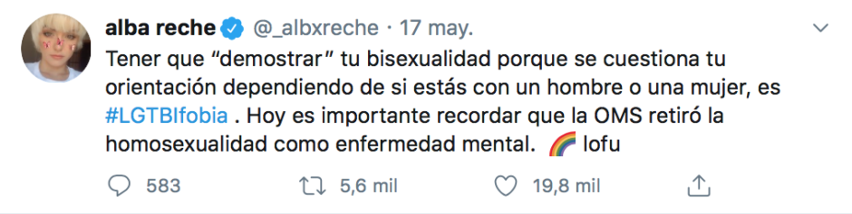 Alba Reche vuelve a defender los derechos del colectivo LGTBI en Twitter