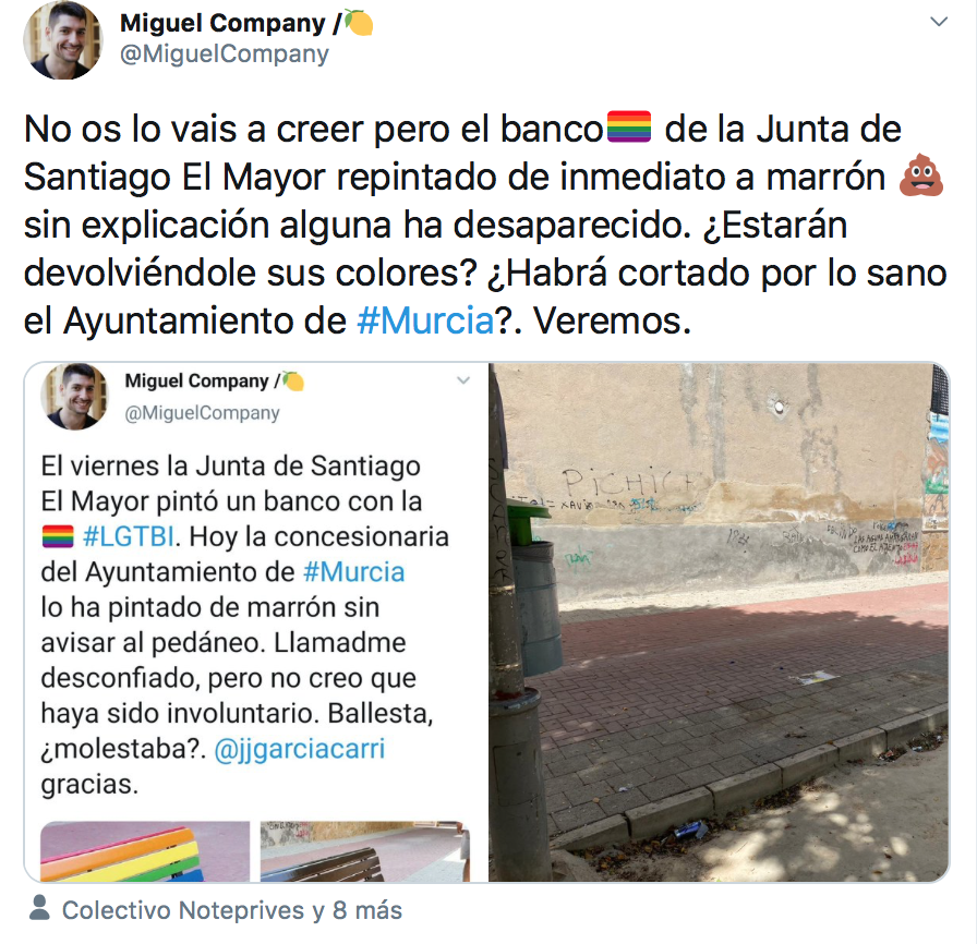 El misterio del banco arcoíris que ha desaparecido en Murcia en la semana del Orgullo