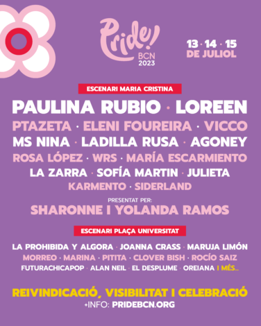 Cartel del Pride! BCN 2023 encabezado por Paulina Rubio y Loreen.