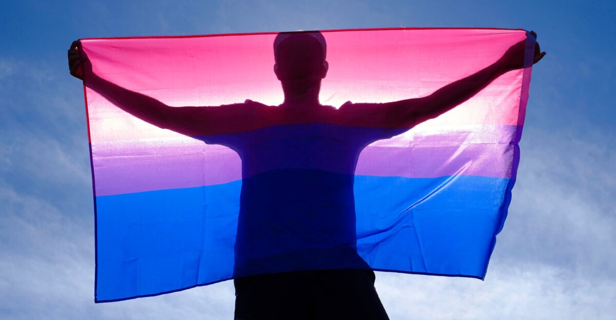 Chico con la bandera bisexual.