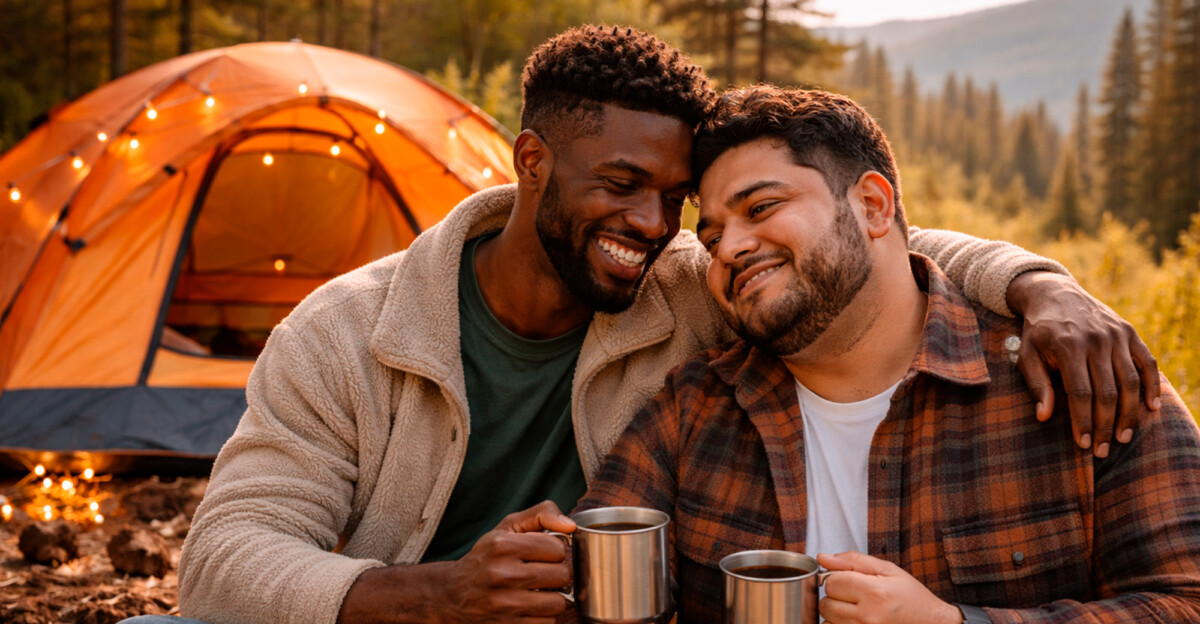 Pareja gay de acampada en la naturaleza.