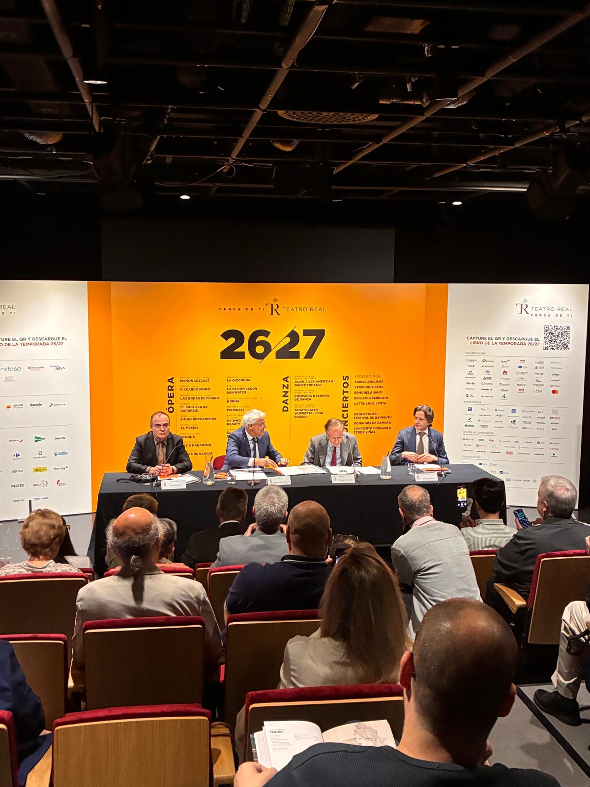 Joan Matabosch, director artístico del Teatro Real, Ignacio García-Belenger, director general, Gregorio Marañón, presidente y Gustavo Gimeno, director musical, en la rueda de prensa de presentación de la nueva temporada 2026/27.